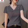 皮爾卡丹（pierre cardin）螺紋純棉短袖T恤2025修身新款顯瘦夏季女裝設(shè)計(jì)V領(lǐng)百搭打底上衣女 灰色 L 100-110斤 曬單實(shí)拍圖