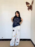 LDBE美式高街格子翻邊口袋工裝牛仔褲女夏季小狗刺繡寬松直筒闊腿長褲 白色 M 曬單實(shí)拍圖
