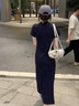 媽媽本色孕婦連衣裙2025新款深藍色Polo領(lǐng)短袖薄款時尚寬松顯瘦中長款夏季 深藍色連衣裙 XL 曬單實拍圖