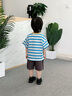 迷你木木屋兒童短袖套裝夏季男童純棉圓領(lǐng)條紋T恤短褲套裝 棒球帽熊藍  100  曬單實(shí)拍圖