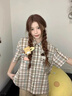 慕瑤雨套裝女2025夏季新款韓系辣妹短袖格紋襯衫吊帶背心高腰短褲三件套 襯衫 單件 S 【建議80-95斤】 曬單實(shí)拍圖