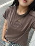 MMLG 87mm 短袖t恤女夏季新款洗水正肩顯瘦修身短款簡約韓系上衣女 洗水咖色 S 曬單實(shí)拍圖