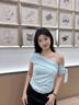 微光里一字肩短袖T恤女裝2025新款夏季韓版修身顯瘦斜肩上衣設(shè)露肩修身 斜肩T恤【藍(lán)綠色 L】 曬單實(shí)拍圖