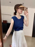 妃?，幮蓍e褲女裝夏季2025新款韓系時(shí)尚氣質(zhì)減齡度假風(fēng)夏裝闊腿九分褲子 藍(lán)色上衣+白色褲子 M 曬單實(shí)拍圖