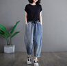 蘑菇同學(xué)寬松牛仔褲女春夏季新款豎條紋拼接哈倫褲韓版百搭高腰顯瘦九分褲 藍色 L【建議125-145斤】 曬單實(shí)拍圖