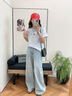 S·J·V·K韓系學(xué)院風(fēng)刺繡小貓咪短袖t恤女夏季獨特超好看拼色條紋半袖上衣 藍條紋 M （適合100-120斤） 曬單實拍圖