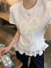 LDBE蝴蝶結蕾絲花邊短袖t恤女寬松夏季韓系設計感小個(gè)子絕美拼接上衣 白色 L 曬單實(shí)拍圖