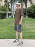 牛仔短褲男夏季美式寬松側(cè)排扣工裝抓爛五分褲子水洗做舊拼接中褲 藍(lán)色 2XL 曬單實(shí)拍圖