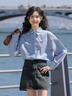 佐敘學生風藍色條紋襯衫外套女蝴蝶結(jié)刺繡夏秋兩季慵懶風休閑寬松上衣 藍色 M （85-110斤） 曬單實拍圖