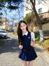 蕓蕁裙子女夏季2025新款韓系甜美學(xué)院風(fēng)藏青色百褶背心連衣裙女疊穿白 [套裝]藏青色背心裙+白色襯衫 L 曬單實(shí)拍圖