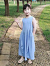 G.DUCKKIDS女童夏季簡(jiǎn)約連衣裙2025新款中大童韓版時(shí)尚背心裙小女孩純色裙子 藍(lán)色無(wú)袖連衣裙 150 cm 曬單實(shí)拍圖