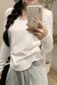 嫻柔白色V領(lǐng)長(zhǎng)袖T恤女小個(gè)子春秋褶皺收腰打底衫內(nèi)搭寬松正肩上衣 白色 XL 曬單實(shí)拍圖