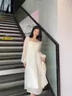 玲玖白色甜美仙女裙夏季新款設計感小眾高腰方領(lǐng)長(cháng)袖雪紡連衣裙女 淺咖色 S 曬單實(shí)拍圖