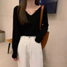 DAVEY MODE慵懶風V領毛衣女2025秋冬新款韓版寬松上衣設計感小眾打底針織衫 黑色 M 【建議90-105斤】 曬單實拍圖