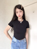 山朵棉小高領短袖t恤女2025新款白色純棉打底衫修身顯瘦內搭短款上衣服 黑色 S 曬單實拍圖