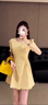 GARNUO黃色短袖連衣裙子女夏季法式赫本風(fēng)高級感小個(gè)子禮服收腰顯瘦短裙 黃色【短袖短款】 S 【80-100斤】 曬單實(shí)拍圖