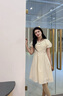 lagogo泡泡袖少女感純色連衣裙女拉谷谷2025夏新款甜美蝴蝶結(jié)裙子 米黃色 S 曬單實拍圖