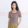 茵曼（INMAN）法式U型領(lǐng)鎖骨條紋T恤女2025夏季修身顯瘦時(shí)尚百搭短袖上衣 杏咖條紋 XL 曬單實(shí)拍圖