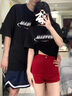 花花公子（PLAYBOY）特別的網(wǎng)紅情侶裝夏裝短袖t恤女2025新款潮流一長一短夏季上衣男 短款黑色+常規(guī)款黑色【款一】 M 180/170 =女XL+男 曬單實拍圖