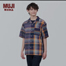 無印良品（MUJI） 男式 馬德拉斯格紋 開領短袖衫 男士襯衫襯衣外套 格子 純棉全棉 深藏青色格紋 S(165/84A) 曬單實拍圖