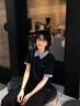 韓系復(fù)古假兩件正肩潮流短袖t恤女夏季拼接格紋寬松學(xué)院風(fēng)上衣服 深藍(lán)色 M 曬單實(shí)拍圖