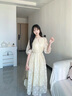 香影通勤黃色連衣裙女2025夏秋新款簡單大方氣質泡泡袖印花中長裙 黃花 S 155/80A/85-95斤 曬單實拍圖