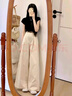 溫格芳休閑褲女2025夏季新款鹽系穿搭減齡時尚高腰闊腿褲小個子氣質套裝 黑色上衣+白色闊腿褲 L 曬單實拍圖