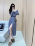 蔻伊婭（Kouyiya）品牌女裝新品針織連衣裙女2025秋季新款修身V領(lǐng)毛衣裙開叉包臀裙 灰色 S 曬單實(shí)拍圖
