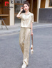 皮爾卡丹（pierre cardin）休閑套裝女夏季2024新款寬松短袖t恤女士闊腿褲氣質(zhì)兩件套長(zhǎng)褲子 杏色兩件套 XL （115-125斤） 曬單實(shí)拍圖