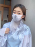 暢印女生防曬披肩冰絲雪紡披肩防曬面紗套裝夏季韓版開(kāi)車(chē)騎車(chē)護胃 防曬口罩披肩--藍底櫻花 曬單實(shí)拍圖