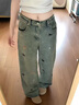 LDBE美式復古小狗刺繡高腰闊腿牛仔褲女夏季2025新款寬松顯瘦直筒褲子 復古藍 S 曬單實拍圖