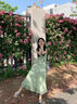 緋垚碎花連衣裙女夏長(cháng)裙海邊度假綠色溫柔氣質(zhì)甜美收腰辣妹沙灘裙子 碎花連衣裙【綠色】 L 曬單實(shí)拍圖