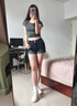 爾山集美式辣妹高腰性感超短褲熱褲彈力牛仔褲女夏季百搭顯瘦顯腿長(zhǎng)卷邊 牛仔短褲深藍(lán)色 S （建議80-95斤） 曬單實(shí)拍圖
