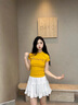 小野七天正肩短袖辣妹裝t恤女修身顯瘦圓領(lǐng)2025夏季新款小個(gè)子上衣夏裝 明黃色 M 曬單實(shí)拍圖