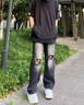 OLJ輕奢品牌男裝破洞牛仔褲男款美式復(fù)古水洗做舊寬松闊腿褲夏季新品 淺藍(lán)色 L 曬單實(shí)拍圖