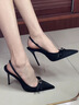 多菲尼森法式?jīng)鲂?025夏季新款緞面高跟鞋女細跟蝴蝶結氣質(zhì)尖頭單鞋包頭 黑色 9cm 37 （尺碼偏?。?曬單實(shí)拍圖