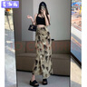 麥潮尚水墨畫(huà)雪紡半身裙女夏季一片式系帶包臀長(cháng)裙后開(kāi)叉不規 卡其色 S 曬單實(shí)拍圖