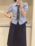 緋垚套裝女學(xué)院風(fēng)連衣裙子夏季一整套洋氣時(shí)尚短袖條紋襯衫上衣半身裙 【條紋襯衫+ 藏青色半身裙+領(lǐng)帶】 M 曬單實(shí)拍圖