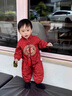 G.duck小黃鴨嬰兒衣服春秋季一歲男寶寶周歲禮服新中式抓周哈衣分體套裝 紅色+香囊 90 尺碼1~2歲【 80-90cm】cm 曬單實(shí)拍圖