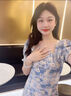 依伊純雪紡碎花連衣裙子夏季2025年新款氣質(zhì)女裝小個子茶歇法式短袖顯瘦 藍(lán)色 S 曬單實拍圖