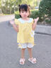 G.DUCKKIDS女寶寶夏裝甜美套裝嬰兒衣服中小童短袖褲子洋氣女童休閑服兩件套 黃色 提花太陽花套裝 100 cm 曬單實拍圖