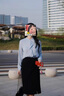 艾尚臣時尚套裝女2025夏季職業(yè)襯衫正式場合接待工作服半裙兩件套 藍【長袖襯衫】+黑半裙 L 曬單實拍圖
