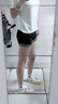 爾山集美式辣妹高腰性感超短褲熱褲彈力牛仔褲女夏季百搭顯瘦顯腿長卷邊 牛仔短褲深藍色 M （建議95-105斤） 曬單實拍圖