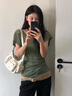 綠色蝙蝠袖低V領(lǐng)薄款短袖T恤女夏季韓系氣質(zhì)修身設計感小眾上衣服 綠色 M 曬單實(shí)拍圖