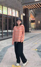 NICOLEJOLIE100%純棉2025夏季新款女針織T恤衫條紋寬松毛衣圓領(lǐng)長(zhǎng)袖拼色上衣 橘色 JXSDY-BM859 XL 曬單實(shí)拍圖