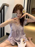 紫色V領小飛袖蝴蝶冰絲睡衣女款夏帶胸墊甜美家居服2025新款夏天 睡衣套裝(帶胸墊冰絲) S 碼建議80-90斤 曬單實拍圖