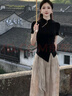 蕭遇（XIAOYU）2025春夏季新款休閑褲女士套裝中式國風(fēng)鏤空盤扣闊腿兩件套長褲子 黑上衣+褲子 XL   120-130斤 曬單實(shí)拍圖