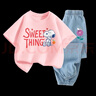 史努比（SNOOPY）童裝女童短袖套裝兒童短袖t牛仔褲2件套 粉色SWEET+淺藍(lán)花朵  130 曬單實拍圖