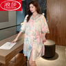 浪莎（LangSha）水墨畫(huà)真絲襯衫睡裙女夏季中長(cháng)款短袖高級感睡衣裙子寬松薄款 綠色 適合90-160斤 均碼 曬單實(shí)拍圖
