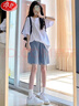 浪莎天絲牛仔短褲女夏季薄款小個子高腰寬松顯瘦休閑百搭闊腿五分中褲 淺藍色 L （建議110-120斤） 曬單實拍圖